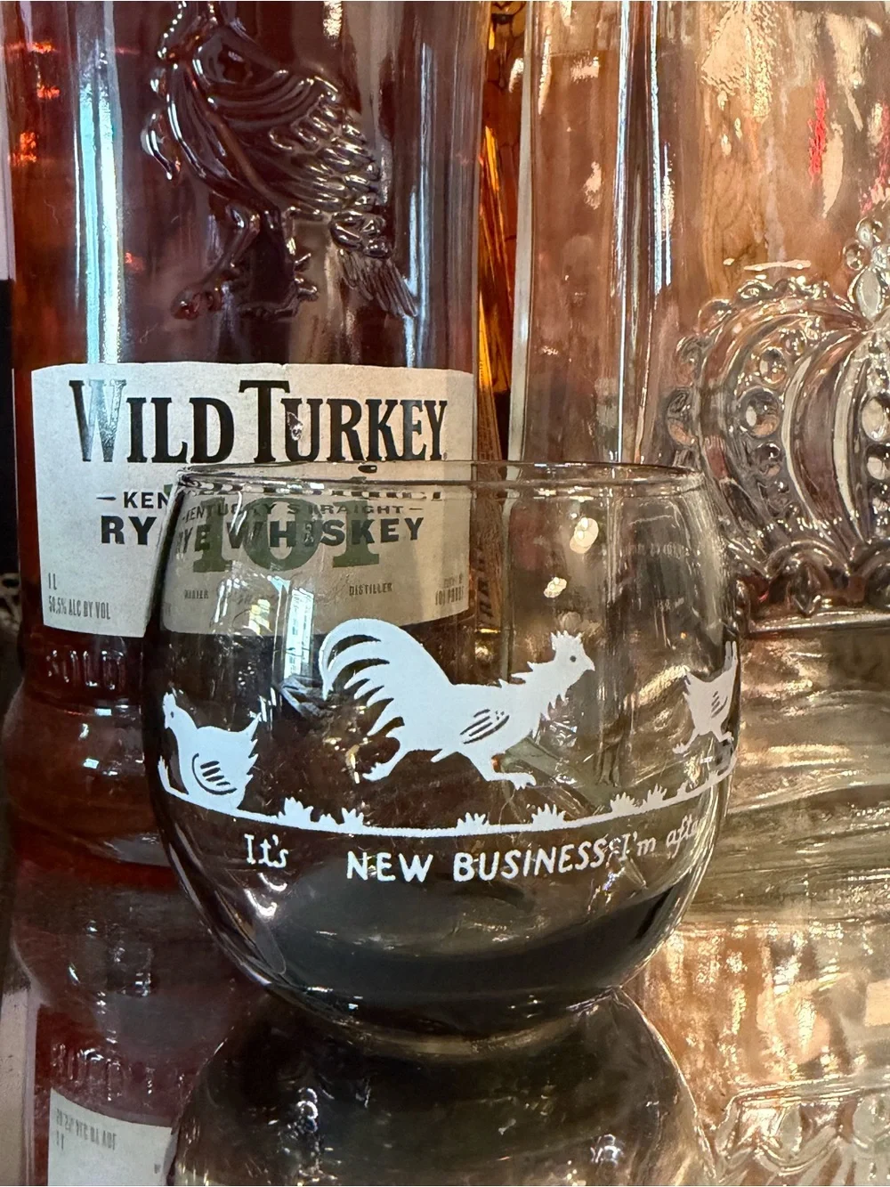 🐓 Vintage Novelty Rooster Cocktail Glass “New Business I’m After” Smoky Barware